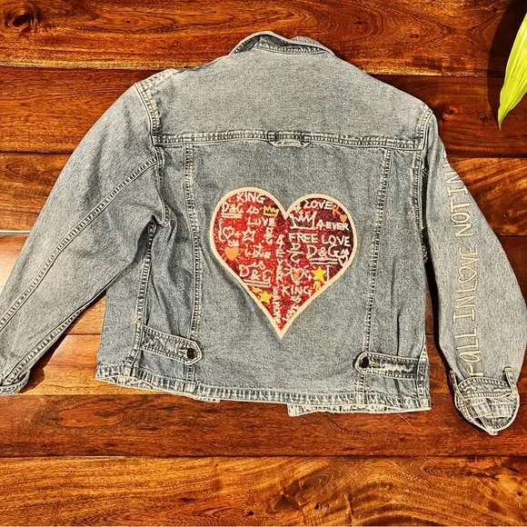 NWT Trucker ❤️ Sequin Heart Handmade One of a Kind Jean Jacket Petite - Picture 10 of 13